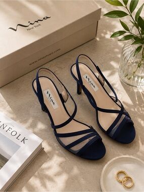 NWT Nina Navy Strappy Open-Toe Heels Size 8.5